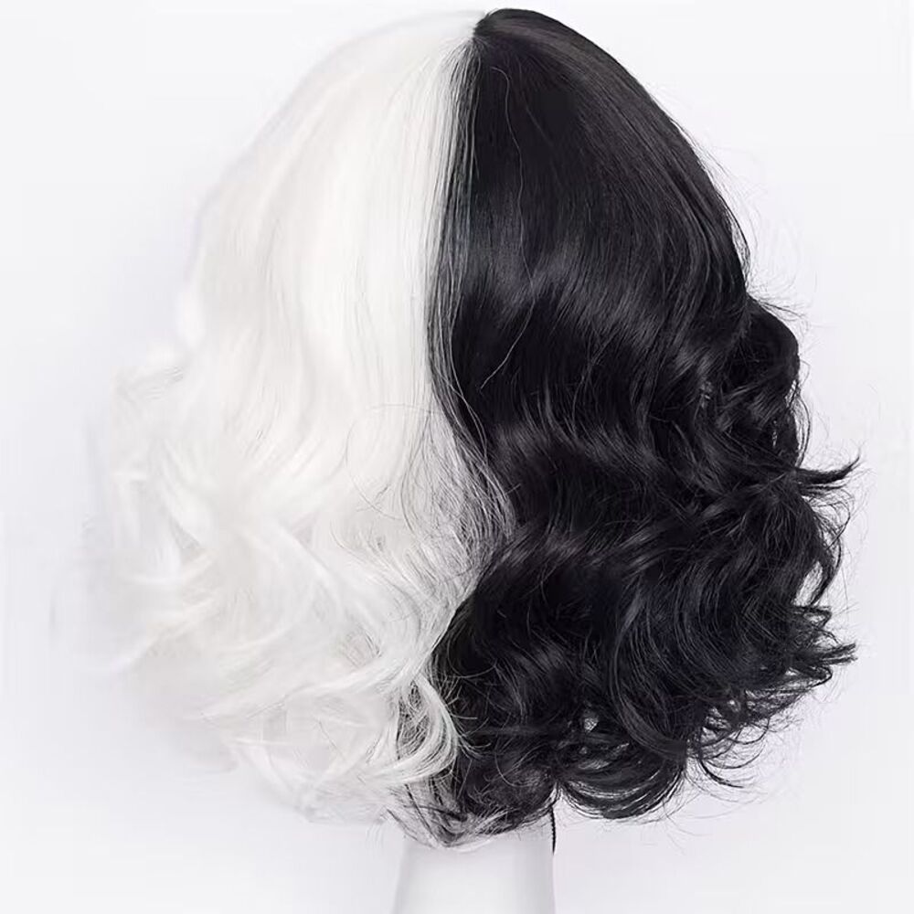 Black & White Synthetic Wig w/Bangs Halloween Costume Cosplay Cruella NWT - Picture 2 of 7